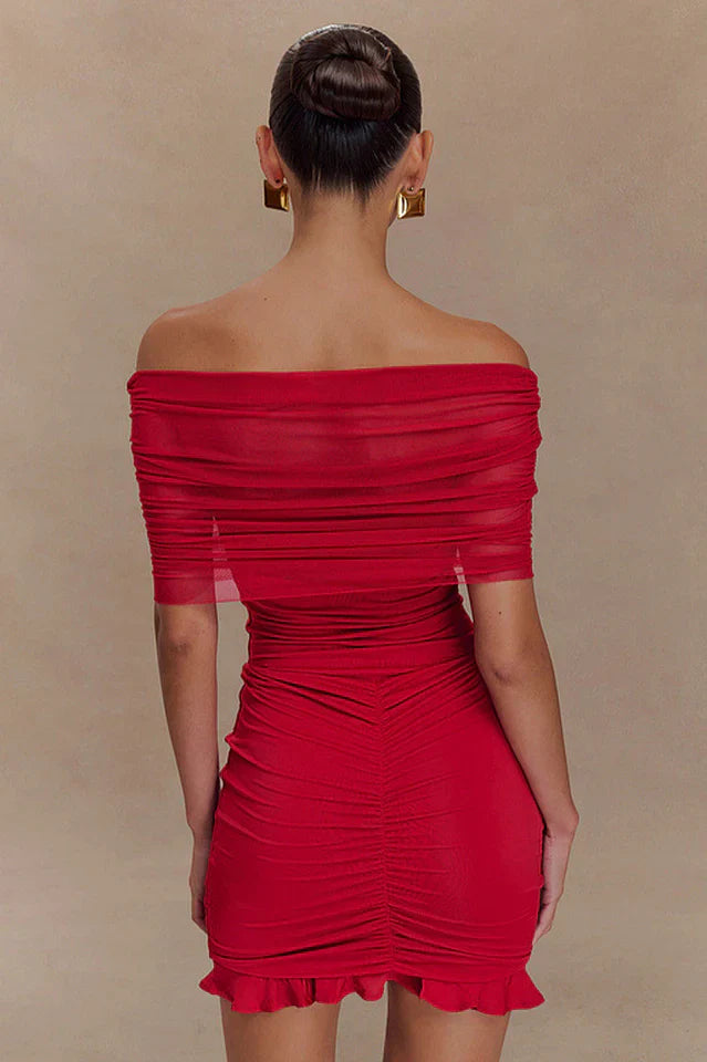Slinky Off Shoulder Mesh Mini Dress