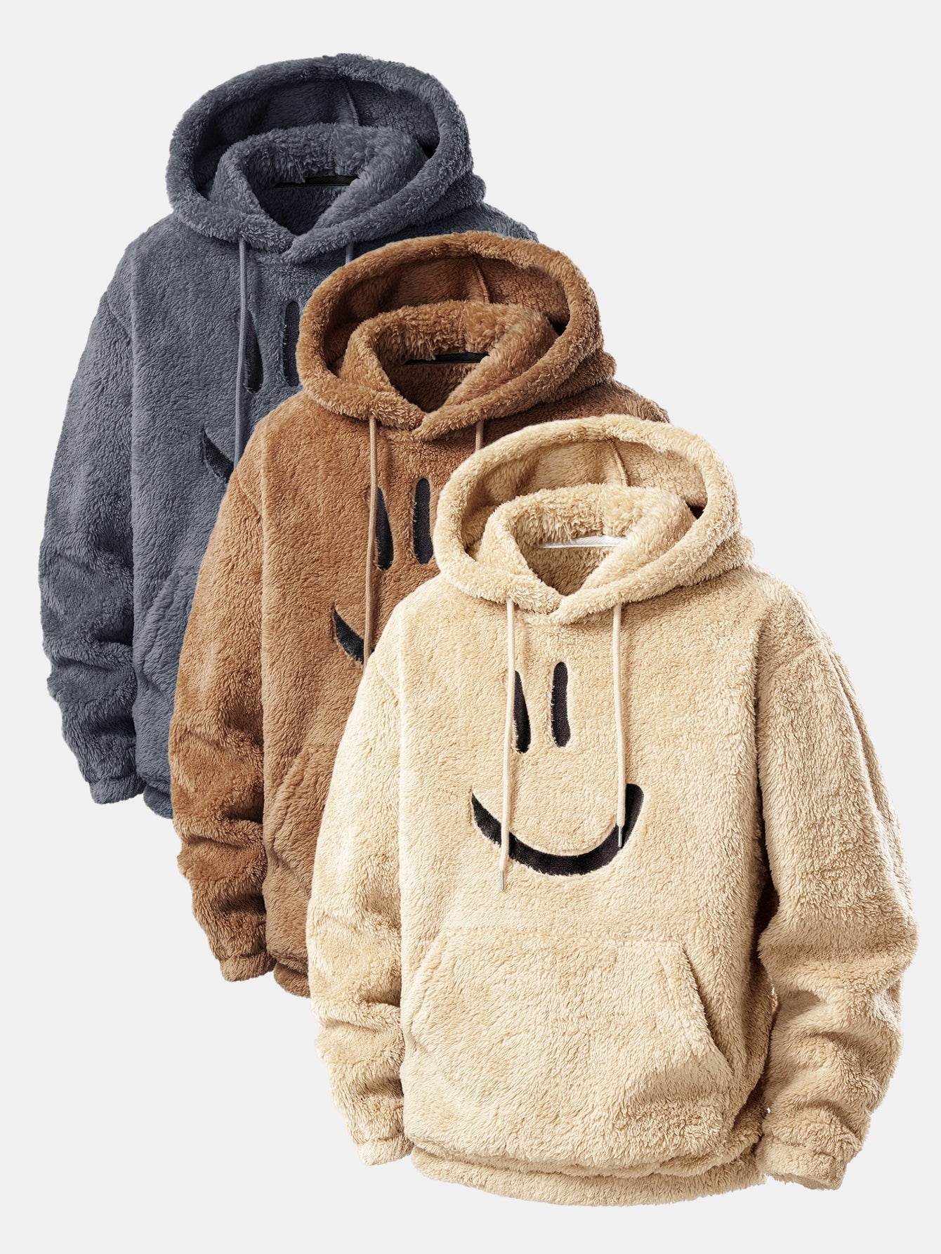 3 Pieces Smiley Face Embroidered Teddy Hoodie