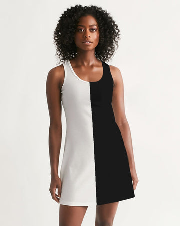 Half Black and White Women Halter Dress, Two Color Block Split 2 Tone Combo Summer Sleeveless Cocktail Mini Handmade Designer - Starcove Fashion
