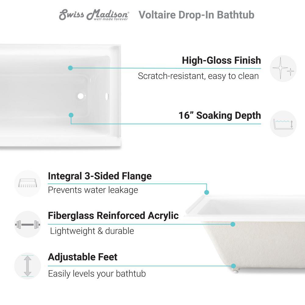 Voltaire 60 x 32 in. Acrylic Right-Hand Drain with Integral Tile Flange Rectangular Drop-in Bathtub in white - Super Arbor