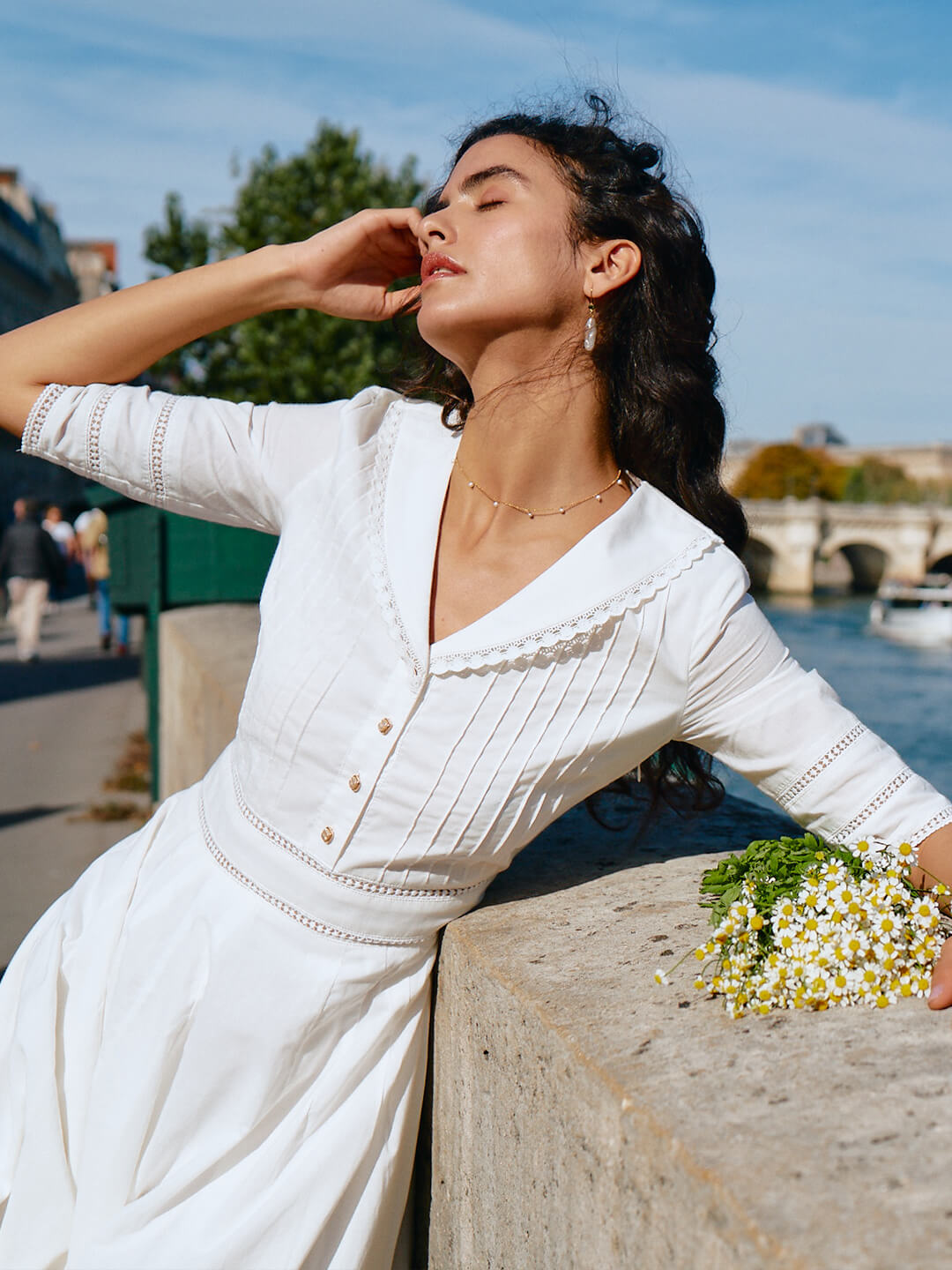 Fiona Cotton Midi Dress. Simple Retro Womenswear Daily-Vintage Inspired Fashion, White / L