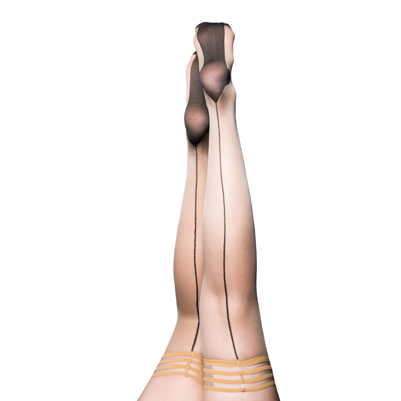 Kixies Ruby Sheer Beige Thigh-High with Black Back Seam Size B - Fantasies Boutique