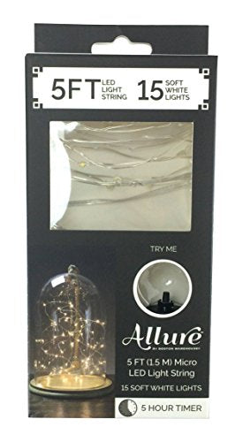 Allure Mini LED Soft White String Lights with Timer by Boston Warehouse, 5-Foot with 15 Lights