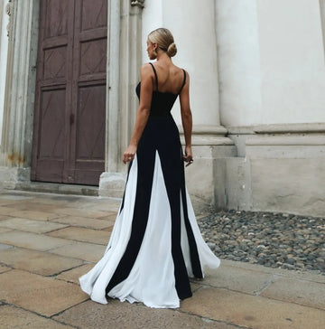 Black and White A-Line Prom Dress, Square Neck Sleeveless Evening Gown with Ruffled Chiffon Sweep Train, Empire Waist, Built-In Bra, Modern Capped