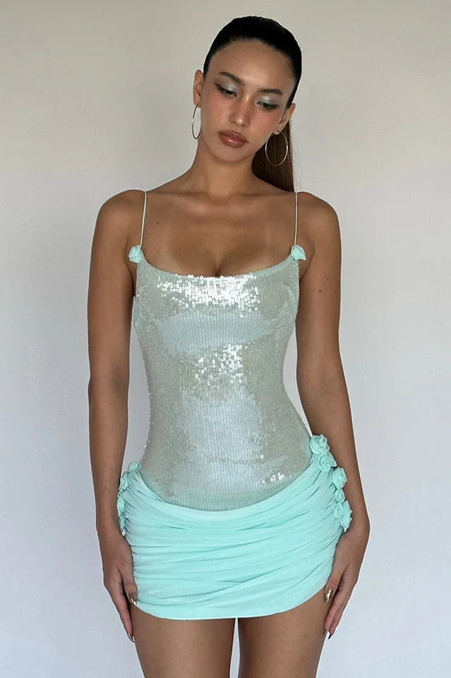 Sequin Floral Draped Corset Dress