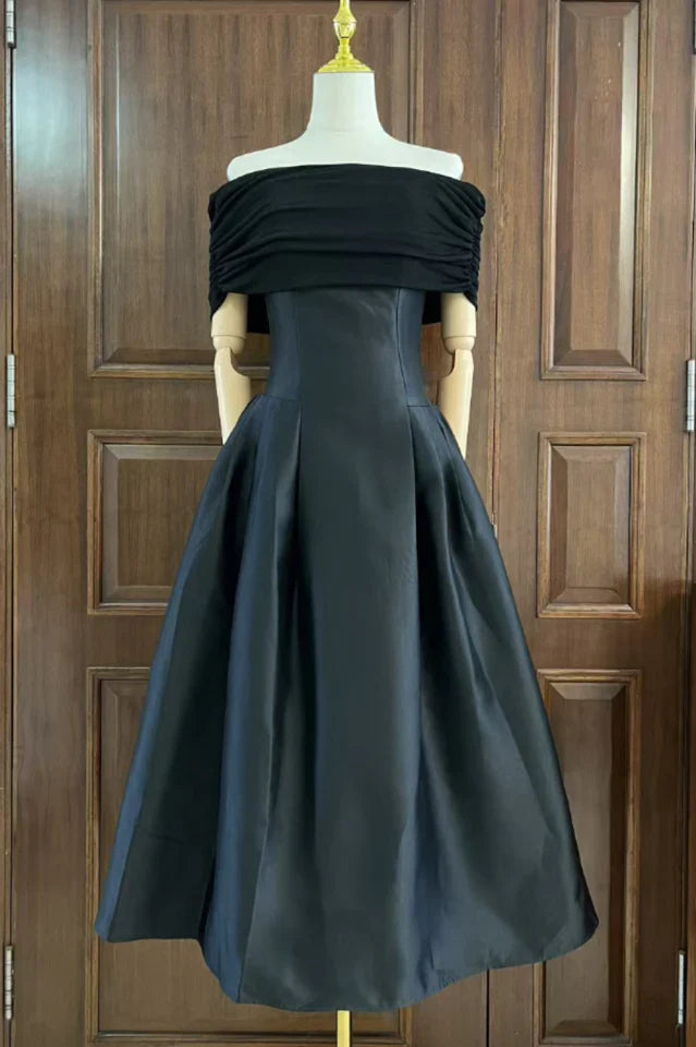 Vivian Off Shoulder Flare Satin Midi Dress