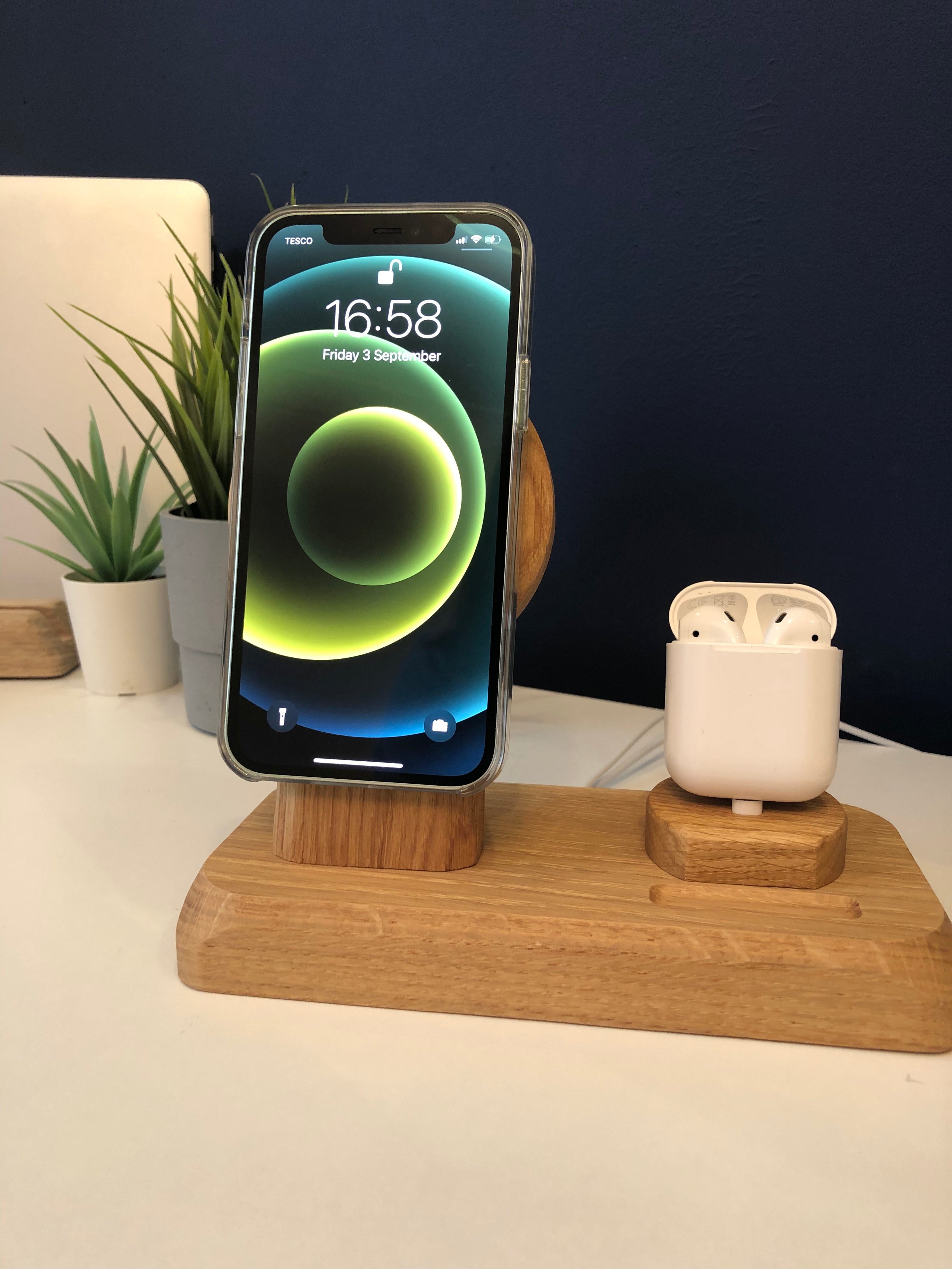 iPhone and AirPods MagSafe charging station, wireless dock, solid oak desk or bedside accessory
