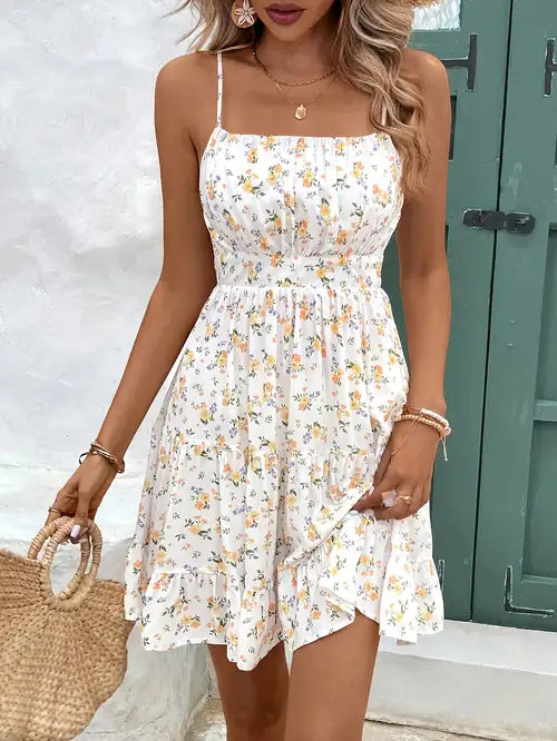 Floral Print Suspender Dress with Ruffle Hem and Pleated A-Line Dress