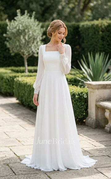 Elegant Vintage A-Line Square Neck Chiffon Summer Wedding Dress Destination Floor-length Long Sleeve Bridal Gown with Button Back Sweep Train