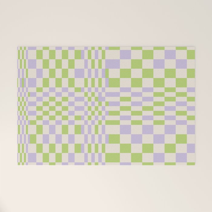 Happy Colorful Checkered Pattern Green and Lilac Welcome Mat Gallery Image 1