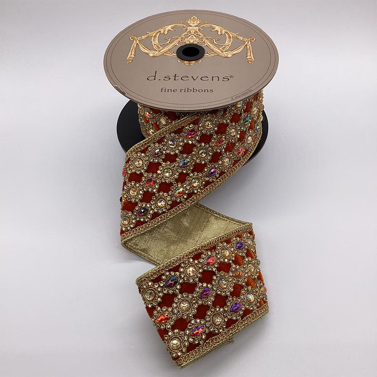 3" X 5YD Red Orange Marquess Ribbon With Gold & Multi Jewel Trim