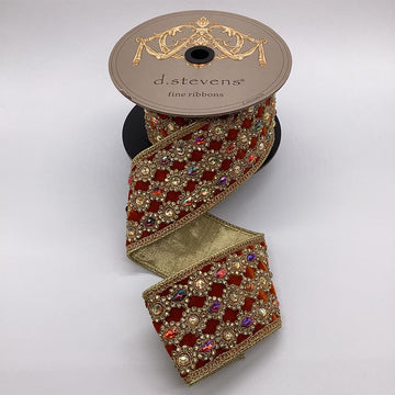 3" X 5YD Red Orange Marquess Ribbon With Gold & Multi Jewel Trim