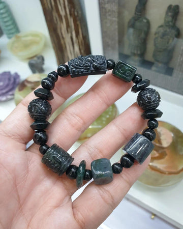 Signature Jade Bracelet 17cm Type A Natural Jadeite Mix Black Tone Beads