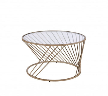 32" Clear and Champagne Glass And Metal Round Frame Coffee Table