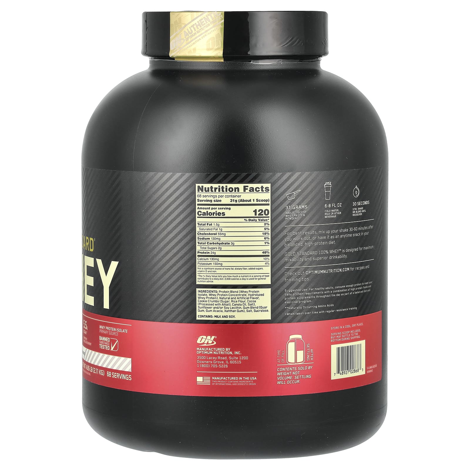 Optimum Nutrition, 金標準全乳清蛋白，餅乾和奶油味，4.63 磅（2.1 千克）