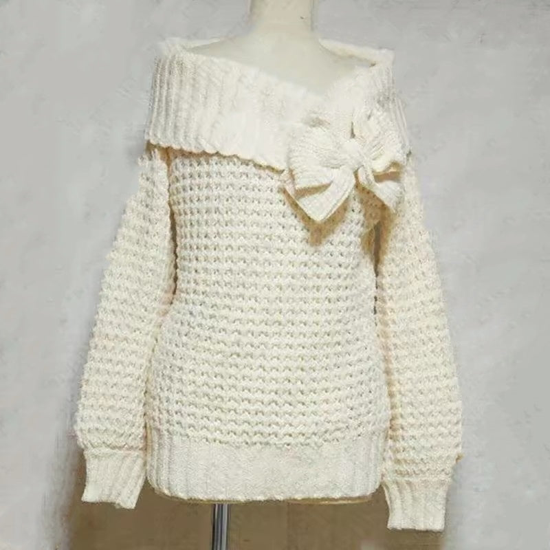 Female Solid Color Sweet Off-the-shoulder Bow Loose Casual Sweater