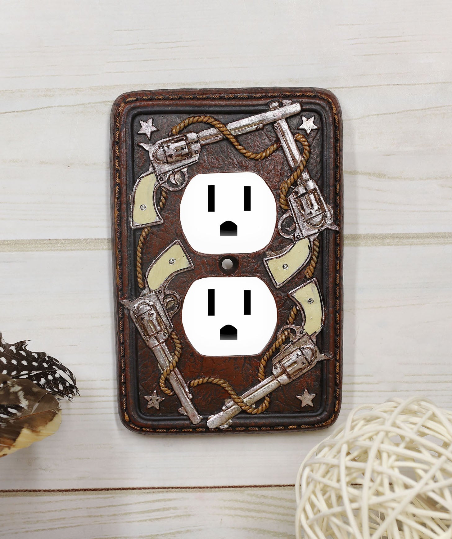 Set of 2 Western Cowboy Six Shooter Pistols Double Receptacle Outlet Wall Plates - Ebros Gift