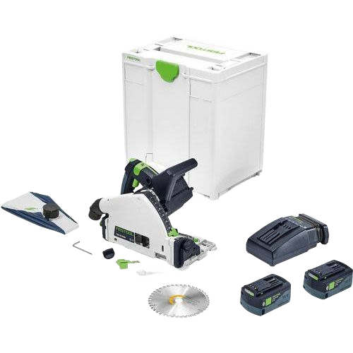 Cordless track saw kit with saw, two batteries, charger, guide rail, and storage box for power and home improvement tools