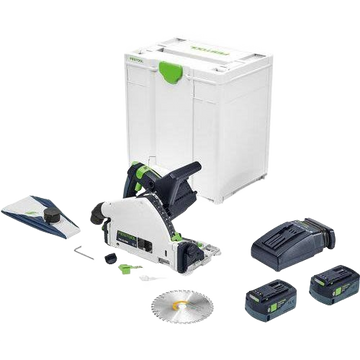 Cordless track saw kit with saw, two batteries, charger, guide rail, and storage box for power and home improvement tools