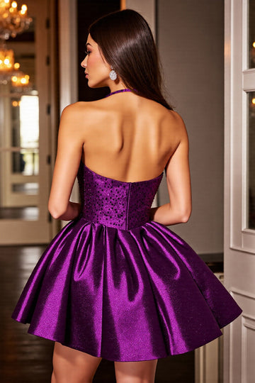black and purple hoco dress Berylove Women Halter Sequin Homecoming Dress Dark Purple A Line Satin