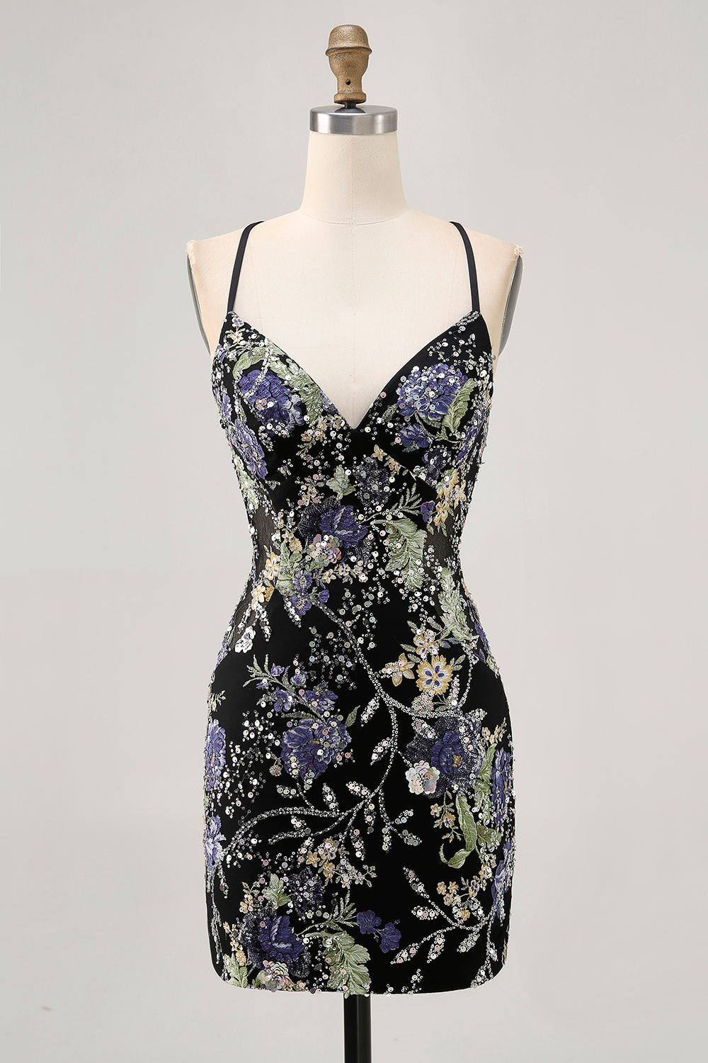 Zapakasa Women Sparkly Black Floral Tight Short Homecoming Dress with Sequins Beaded Spaghetti Straps Criss Crossed Back Cocktail Dress