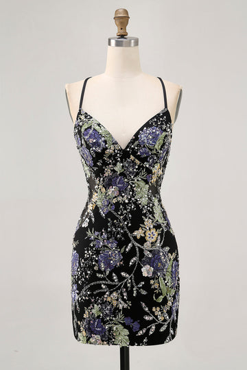Zapakasa Women Sparkly Black Floral Tight Short Homecoming Dress with Sequins Beaded Spaghetti Straps Criss Crossed Back Cocktail Dress