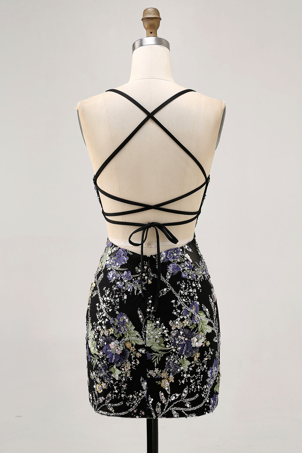 Sparkly Black Beaded Floral Short Tight Homecoming Dress with Sequins