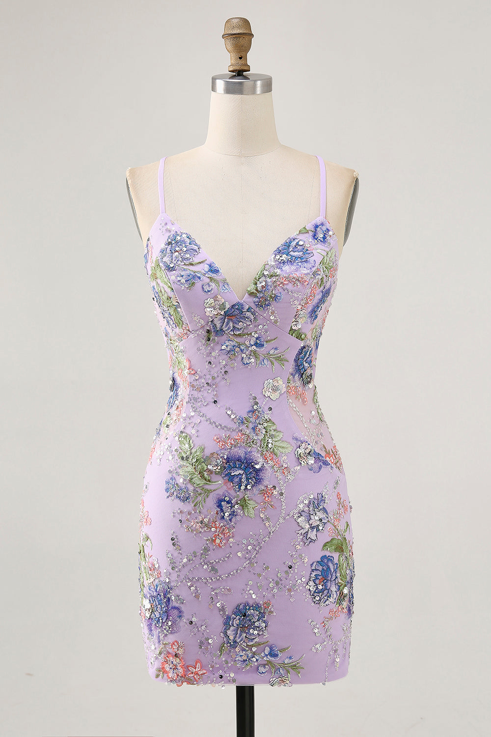 Zapakasa Women Sparkly Lilac Floral Tight Short Homecoming Dress with Sequins Beaded Spaghetti Straps Criss Crossed Back Cocktail Dress