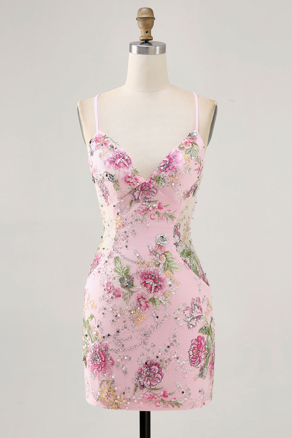 Zapakasa Women Sparkly Pink Floral Tight Short Homecoming Dress with Sequins Beaded Spaghetti Straps Criss Crossed Back Cocktail Dress
