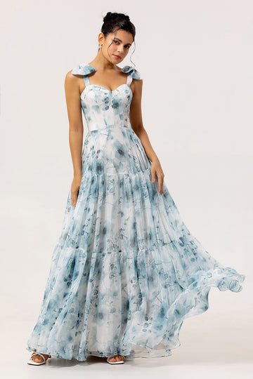 Zapakasa Women Blue Floral Chiffon Long Bridesmaid Dress A Line Lace Up Back Wedding Guest Dress with Bows
