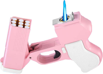 Gun Cigarette Holder and Lighter, Windproof Adjustable Flame Jet Pink Gun Lighter, Refillable Metal Outdoor Lighters for Camping BBQ Fireplace, Adult Use Only (Fuel Not Included)