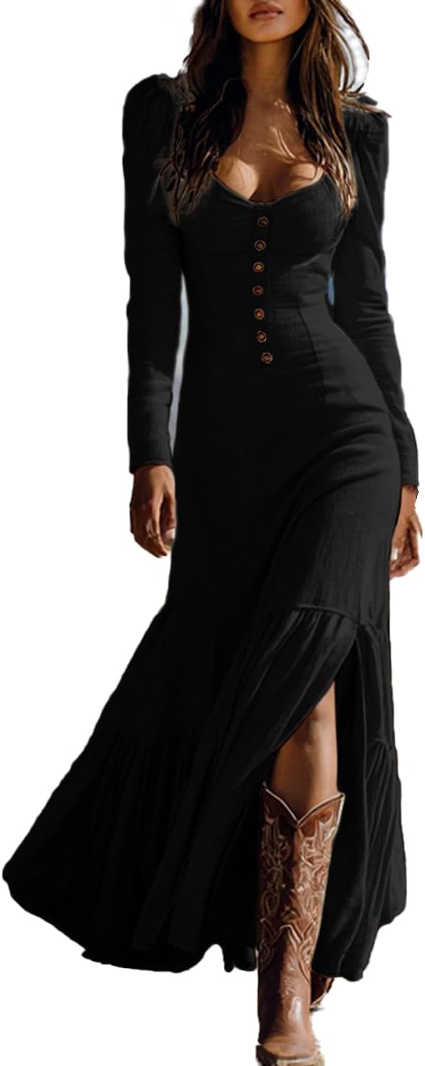 Womens Western Cowgirl Dresses, Button Front to Wear with Boots Sexy Deep V Neck Long Sleeve Side Split Maxi Dress