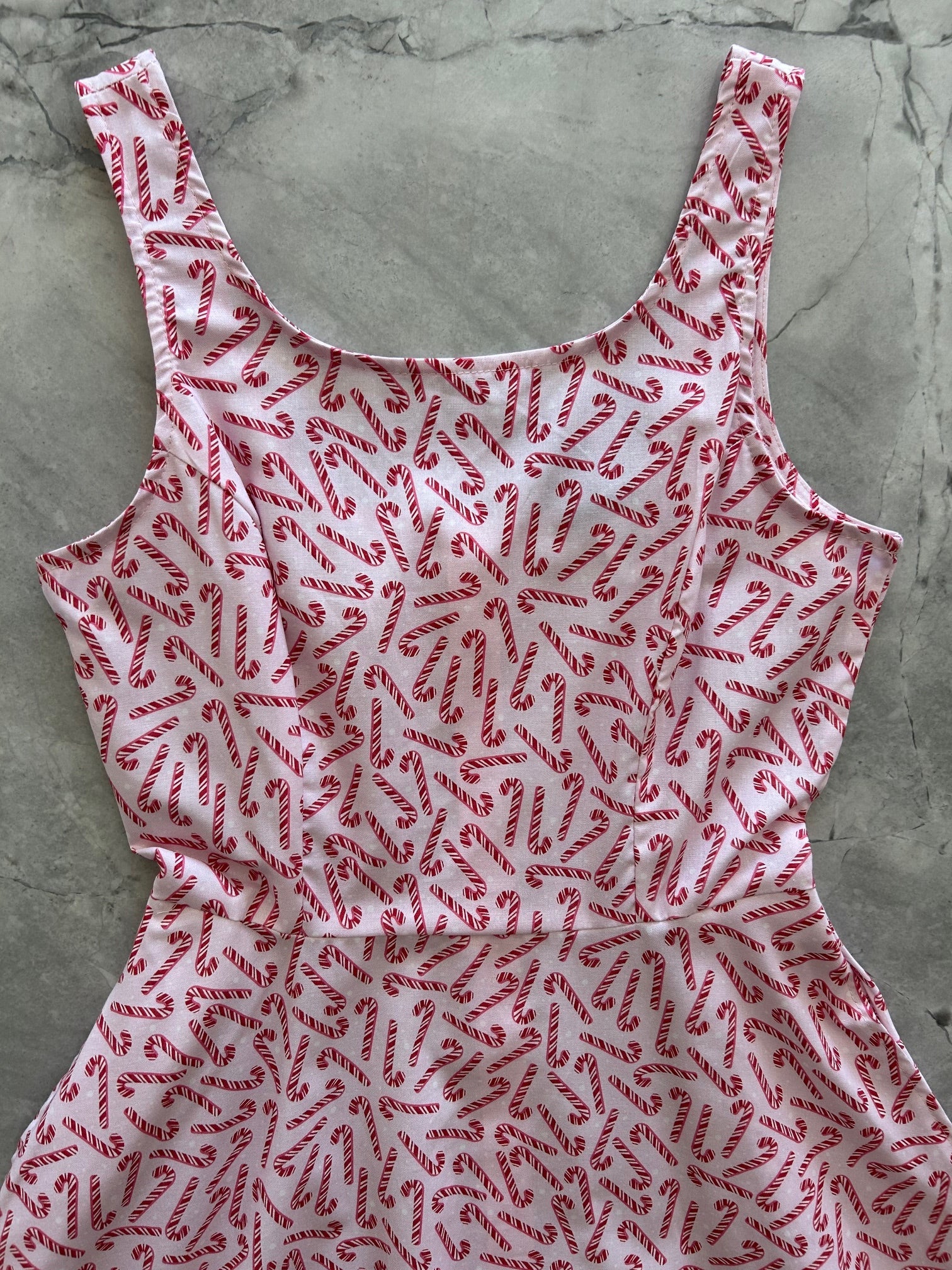 close up of bodice of candy cane skater dress