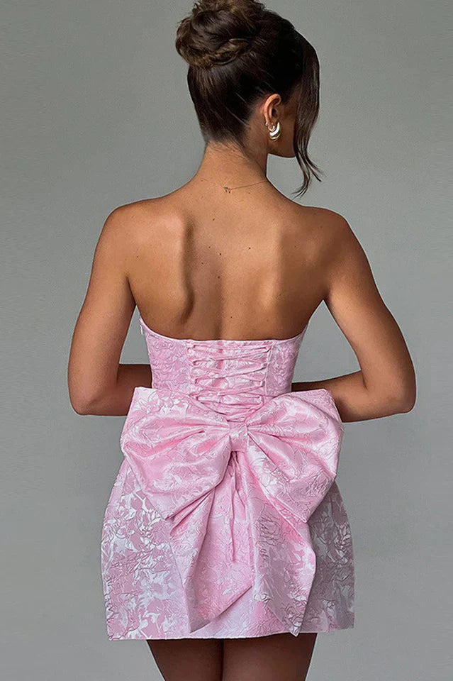 Jacquard Print Tube Back Bow Mini Dress
