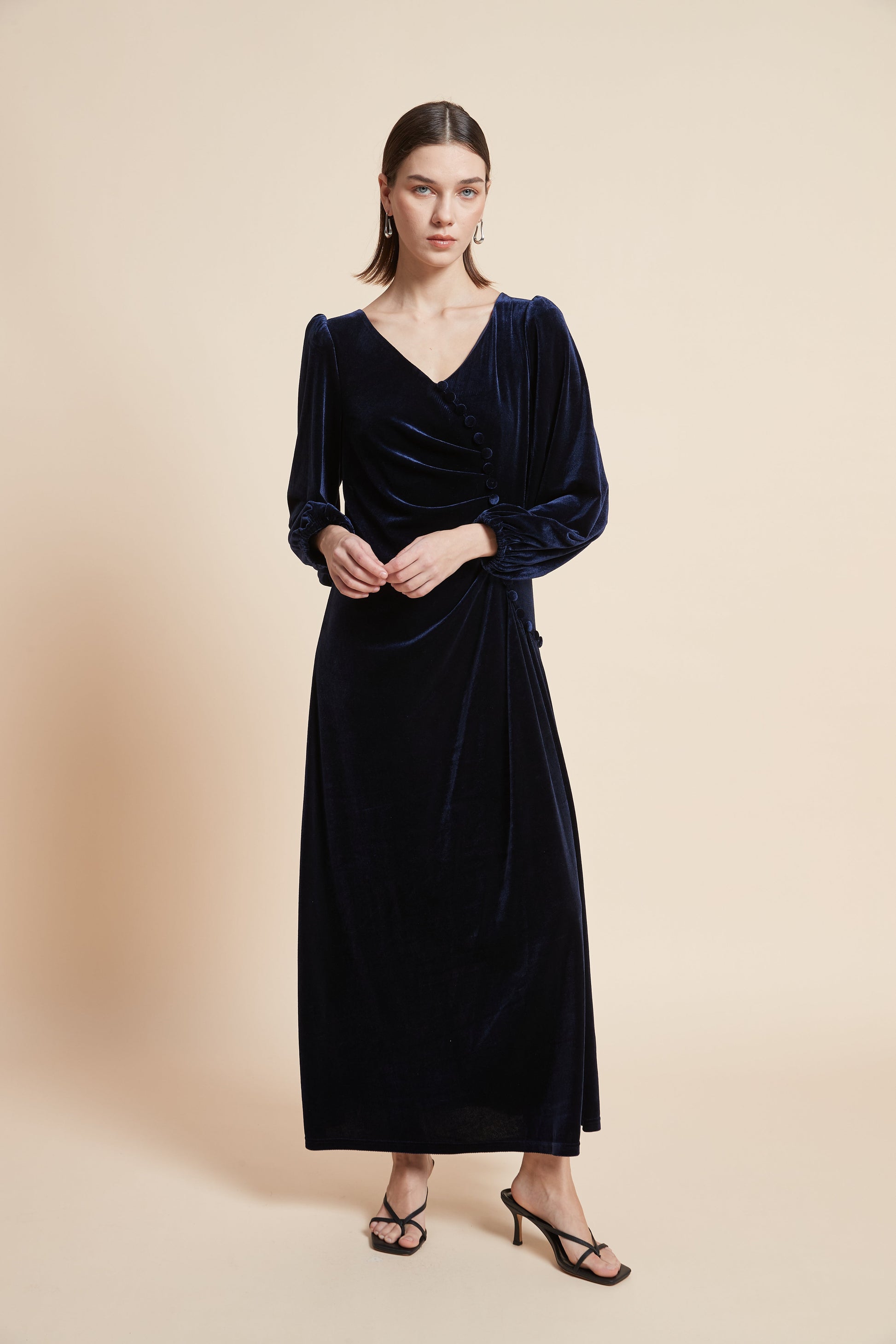 Long-Sleeved Plain Midi Dress