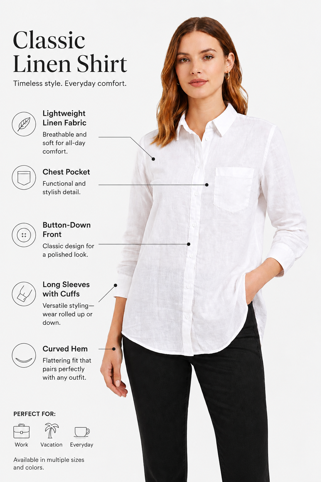 100% Cotton White Casual Shirt | Full Sleeves | Button-Down | Loose Fit | Solid Cotton Shirt
