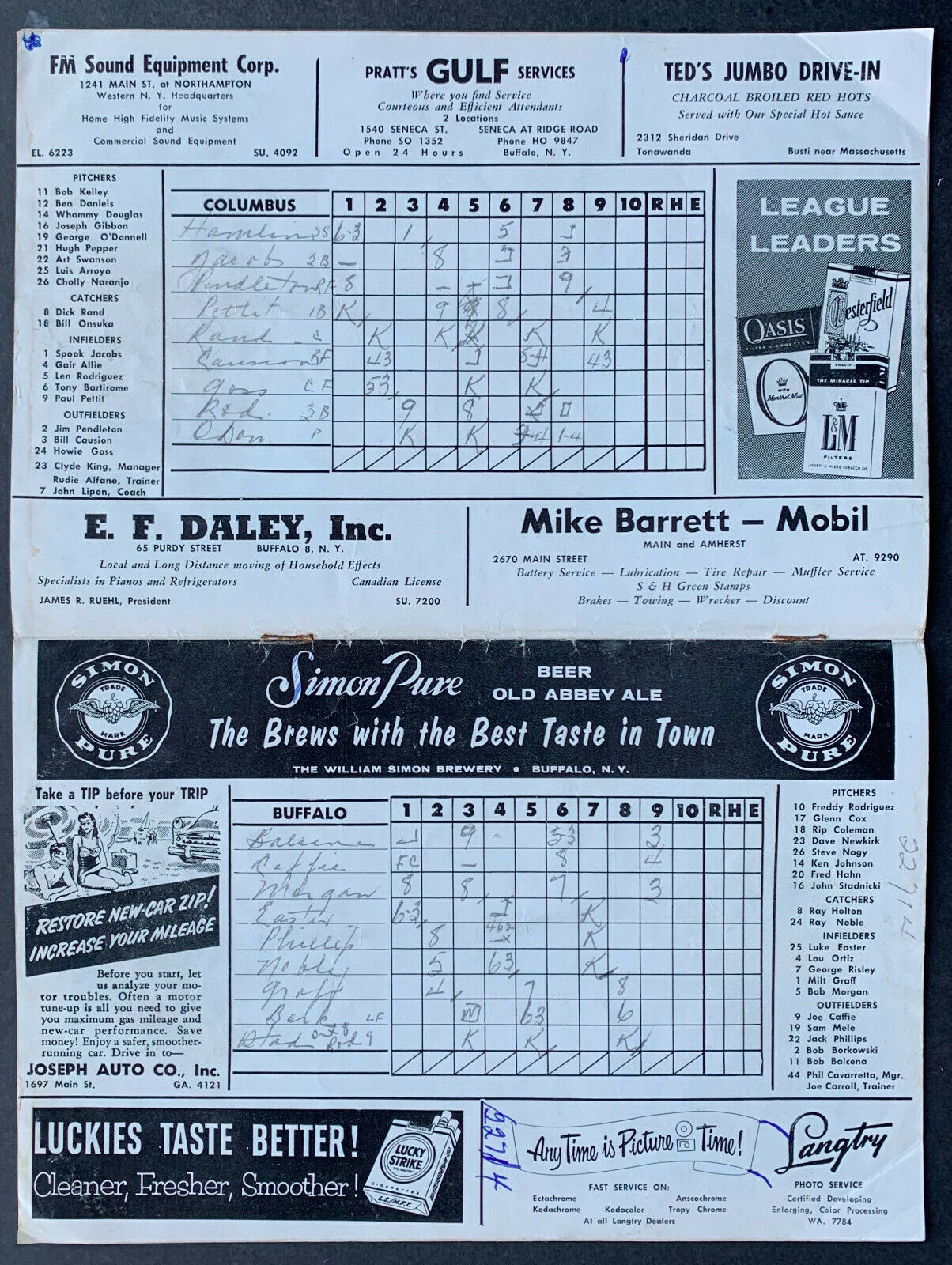 1958 International League Baseball Program Columbus Jets vs Buffalo Bisons