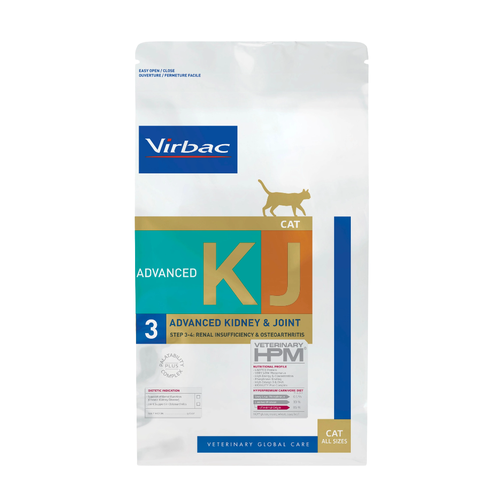 Virbac KJ Advanced Kidney & Joint cat food package on a white background