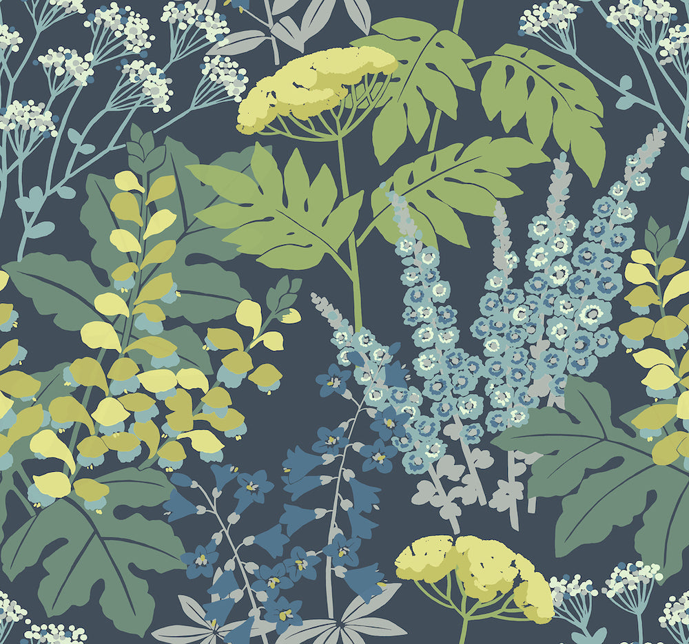 2973-90001 - Brie Dark Blue Forest Flowers Wallpaper by A Street