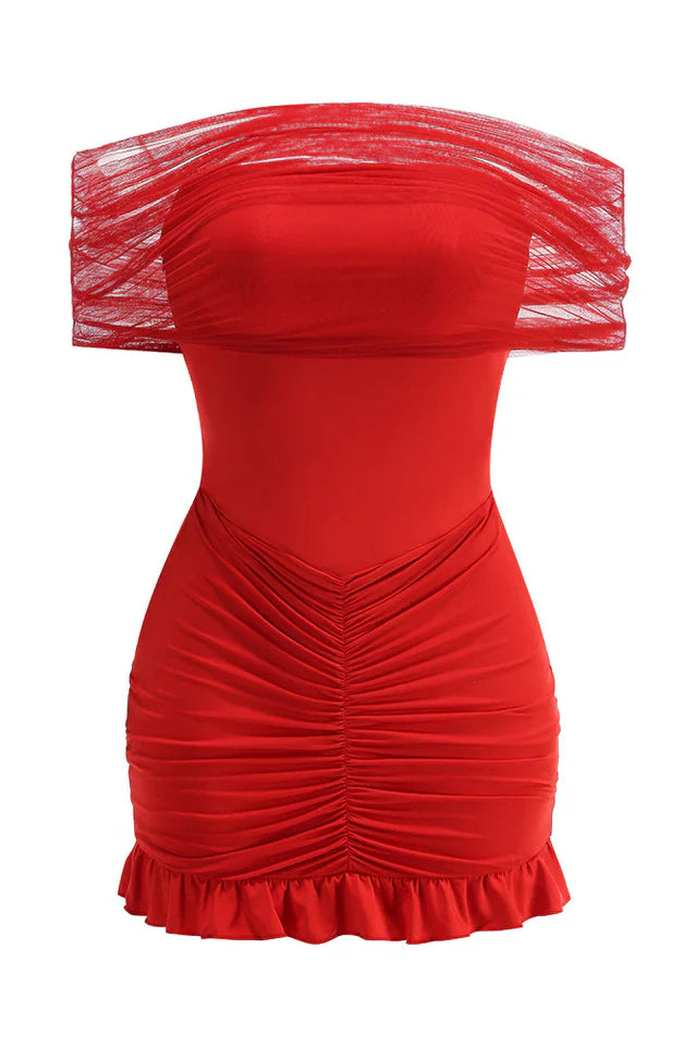 Slinky Off Shoulder Mesh Mini Dress