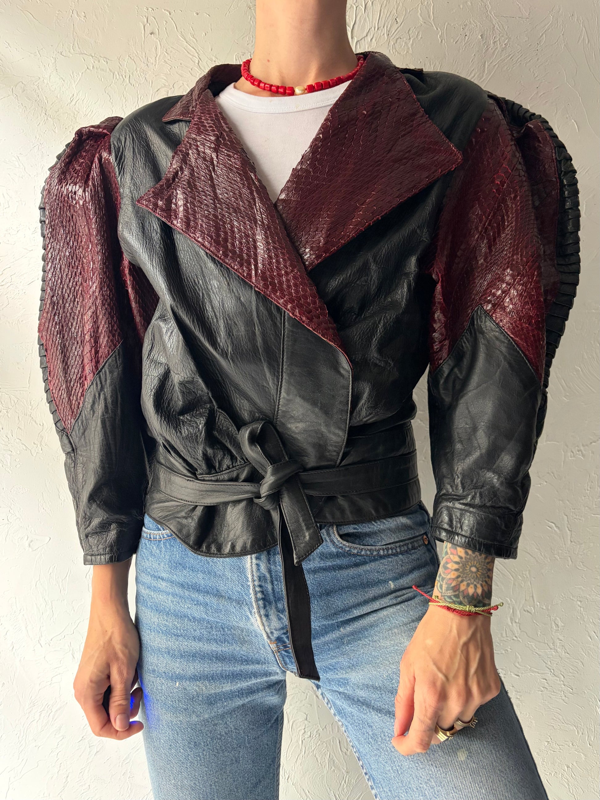 80s Black Retro Grunge Leather Cropped Streetwear Bomber Jacket / Medium