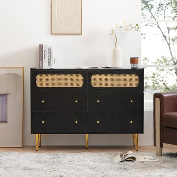 6 Drawer Dresser for Bedroom, Black Rattan Dresser with Metal Feet, Wood Chest of Drawers - Bed Bath & Beyond