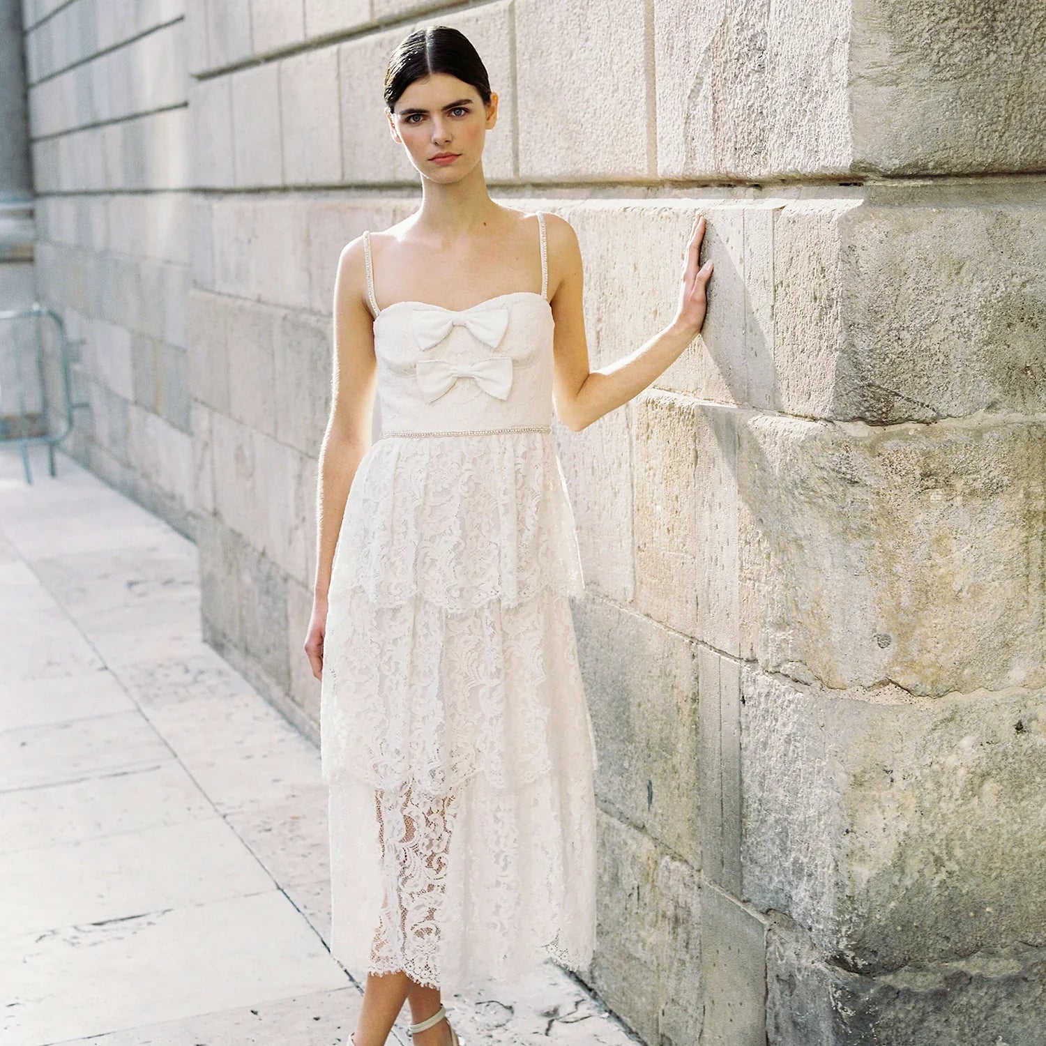 SP Cream Cord Lace Tiered Midi Dress
