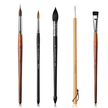 Fuumuui 5pcs Professional Watercolor Brush Set – Mixed Tips for Detail, Wash, Calligraphy & Texture Effects