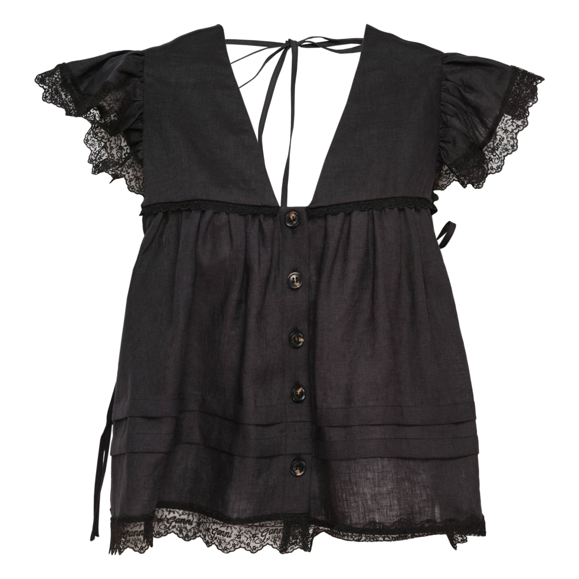 Ganni Light Linen Angel Sleeve Blouse in black, featuring lace-trimmed flutter sleeves, button-front gathered bodice, and open tie-back neckline