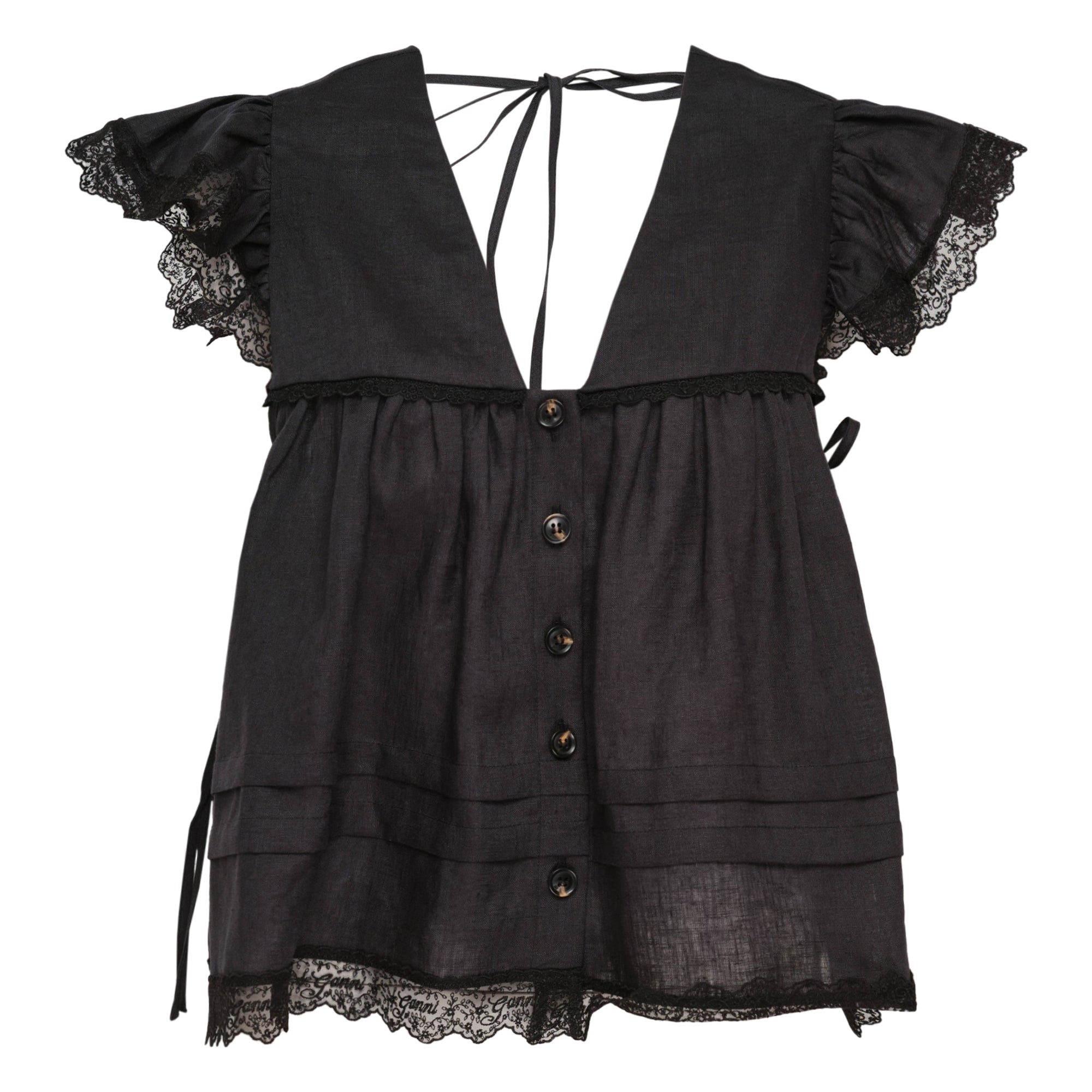 Ganni Light Linen Angel Sleeve Blouse in black, featuring lace-trimmed flutter sleeves, button-front gathered bodice, and open tie-back neckline
