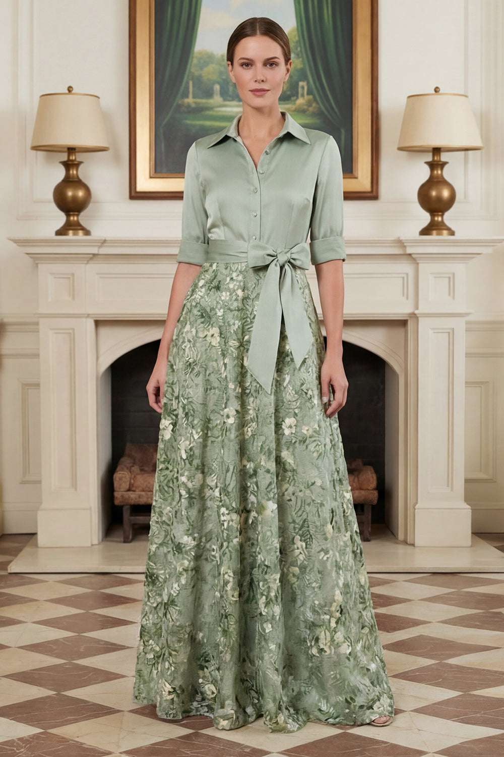 Sage Green Floral A Line Long Mother of the Bride Dress with Bow