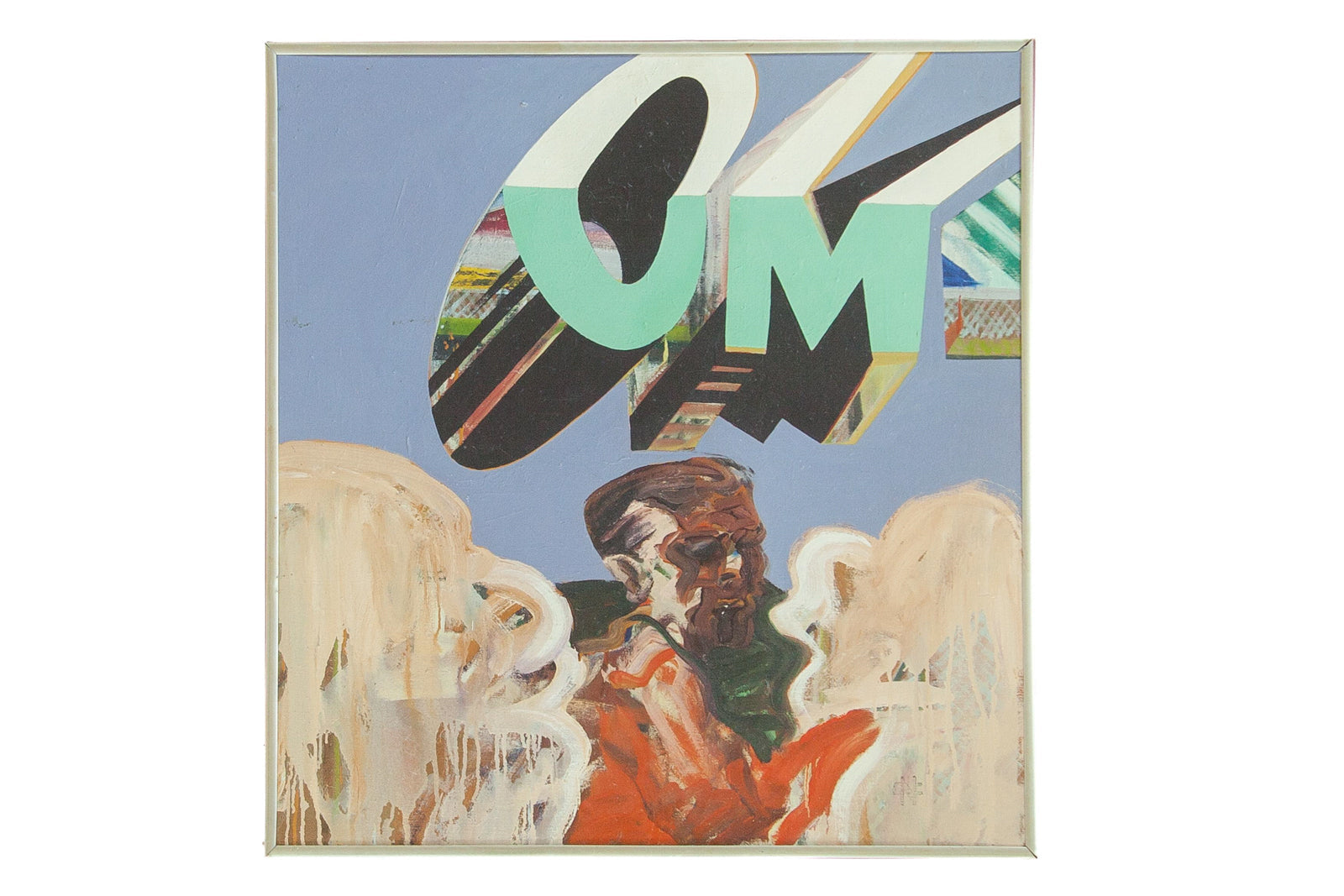 Vintage Neil Paul Frankenhauser OM painting with abstract male figure and melting green "OM" text.
