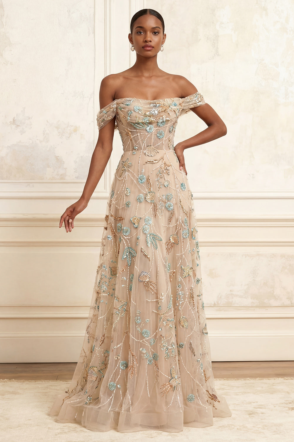Sparkly Champagne Beaded A Line Long Corset Floral Gala Dress