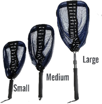 Measure Net in small, medium, and large sizes featuring rubber basket and built-in fish measuring scale for anglers
